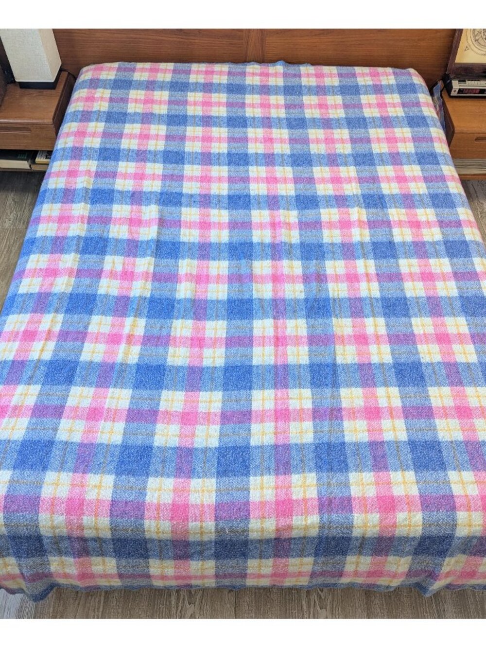 Vintage Ayers 82 x 93" Canadian Wool blend pink purple plaid blanket, 1990s